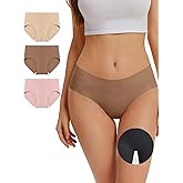 OVRUNS Seamless Underwear for Women 3 Pack Invisible Workout Underwear Mid Waist No Show Panty Liners Briefs, Nude-Dark Nude-Pink, L