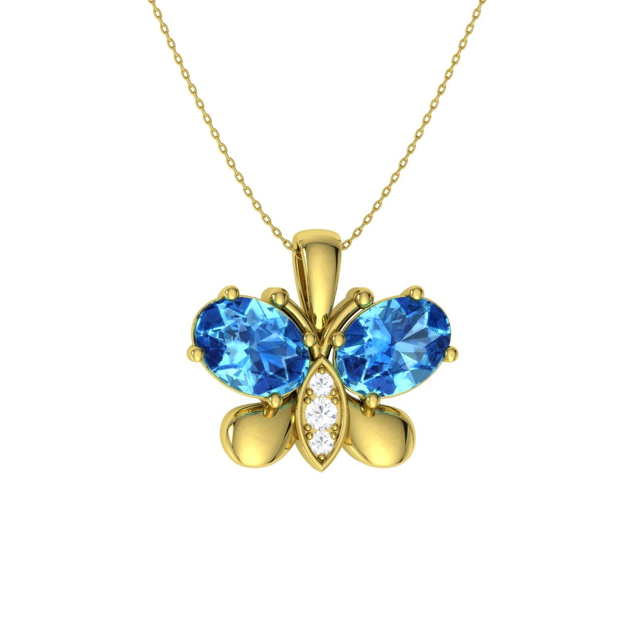 Diamondere Natural and Certified Oval Cut Blue Topaz and Diamond Butterfly Necklace in 9ct Yellow Gold | 1.20 Carat Pendant with Chain