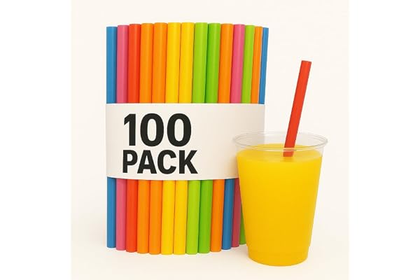 100 Pack Jumbo Smoothie Straws – Multi-Coloured Reusable Plastic Straws for Thick Beverages – Wide Drinking Straws for Milksh