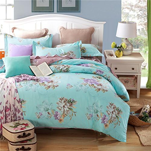 Yunr 100% Cotton Duvet Cover Set, Blue Flowers Retro Luxury Girls Print Floral Design (Full, 3pcs without comforter)