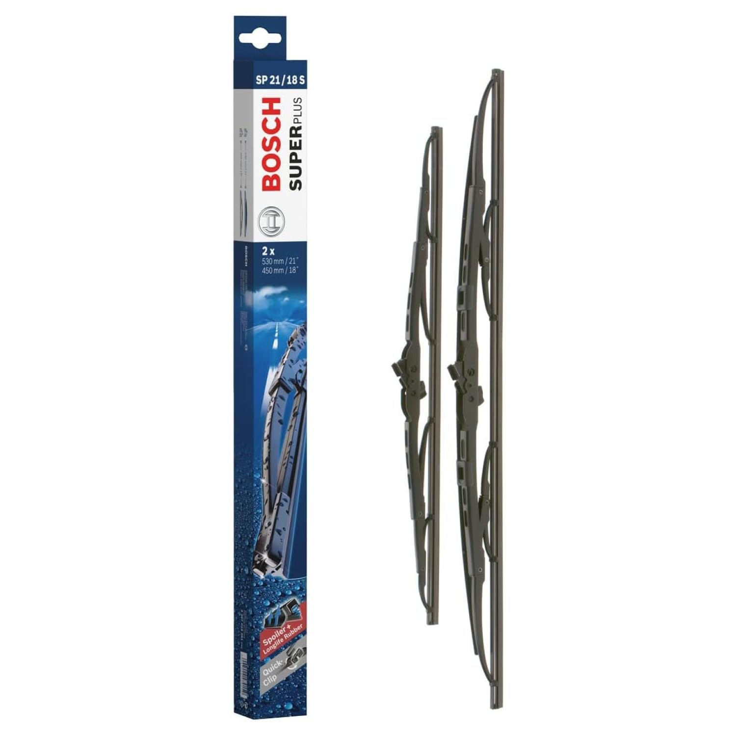 Bosch SuperPlus Spoiler SP21/18S - Front Windscreen Wipers - Set of 2 Replacement Blades - Comes with Pre-assembled Quick-Clip Adapter - 2 Blades, 530mm/450mm