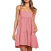 Wenrine Womens Summer Plaid Mini Dress Casual Spaghetti Strap Sleeveless A Line Beach Sundress with Pockets