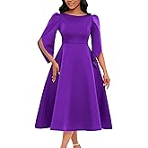 SOMTHRON Women's Elegant 3/4 Petal Sleeve Long Maxi Dress Crewneck A-Line Pleated Swing Formal Cocktail Party Dress