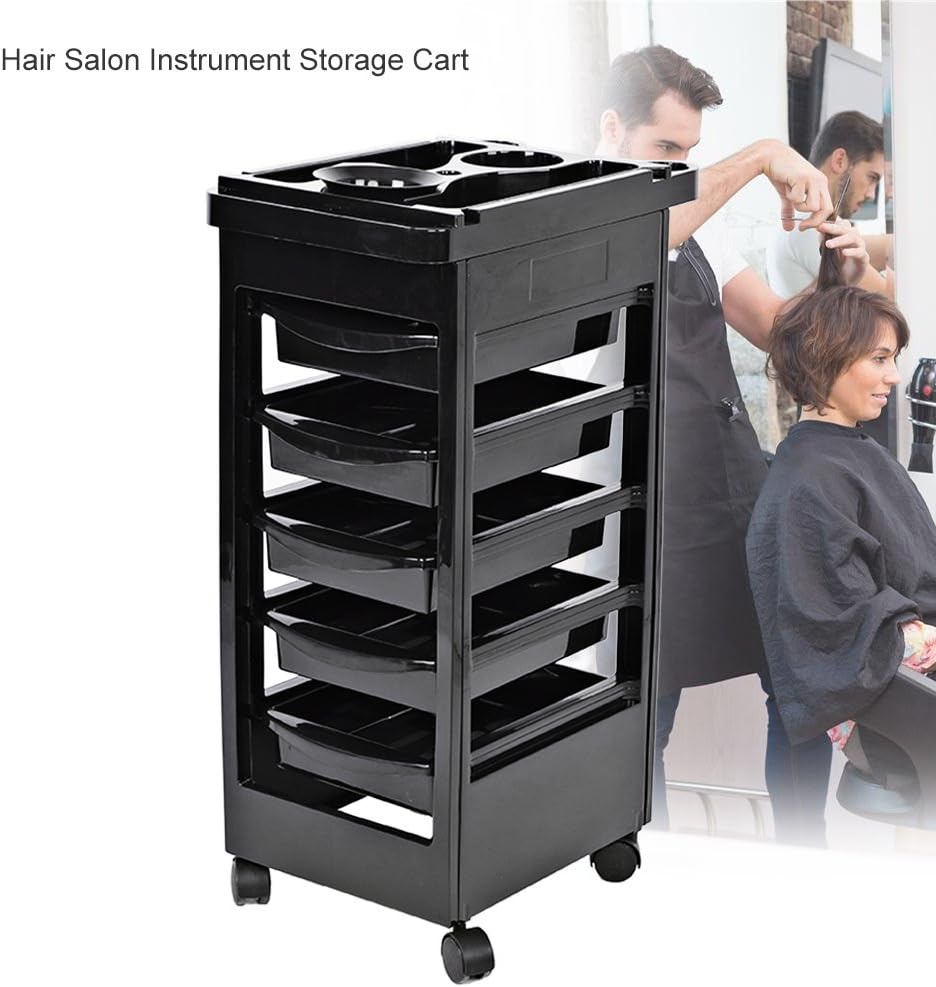 Filfeel Salon Spa Trolley Storage Cart with 5 Drawers, Coloring Beauty Salon Hair Dryer Holder Stylist Trolley in Black: Home & Kitchen