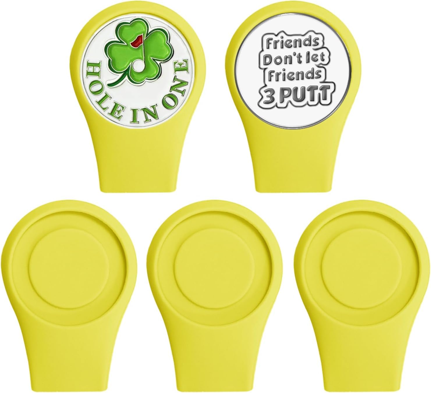AXKAL Golf Hat Clip Silicone Holder Value 5 Pack with 2 Ball Markers, Strong Magnetic Attach to Pocket Hats Cap Belt Edge Gifts for Golfers Men Women (5PCS Yellow)