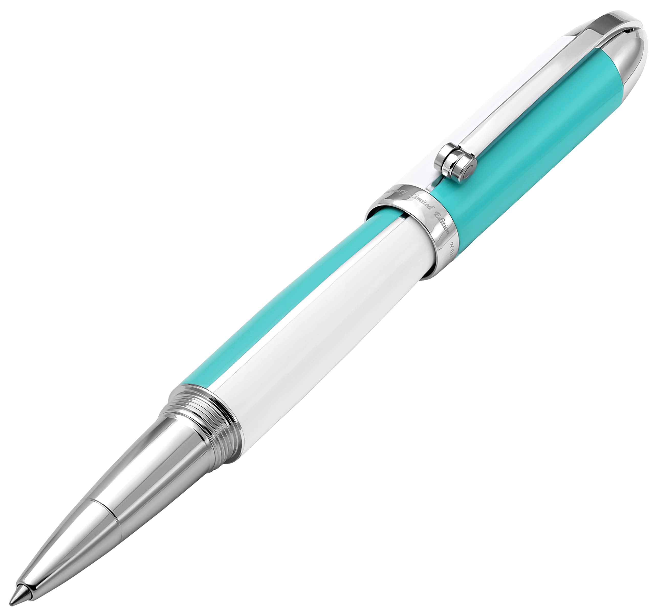 Xezo Visionary Brass and Aluminum Rollerball Pen, Fine Point. Hand Lacquered in Sky Blue and White. Numbered in Limited Edition of 500. Classic Art Deco Color Disposition, Retrofuturistic Body Style