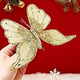 1pcs Gold Glitter Big Butterfly Christmas Ornament with Clip, Artificial Butterfly Christmas Tree Decoration Festive Wedding Home Holiday Decoration