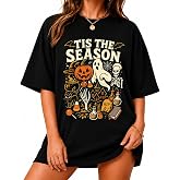 Women’s Halloween Shirt Spooky Graphic Tee Pumpkin Ghost Fall Oversized Top | Tis The Season Halloween Graphic Tee With Pumpkin Ghost Skeleton Design For Spooky Parties And Fall Outfits
