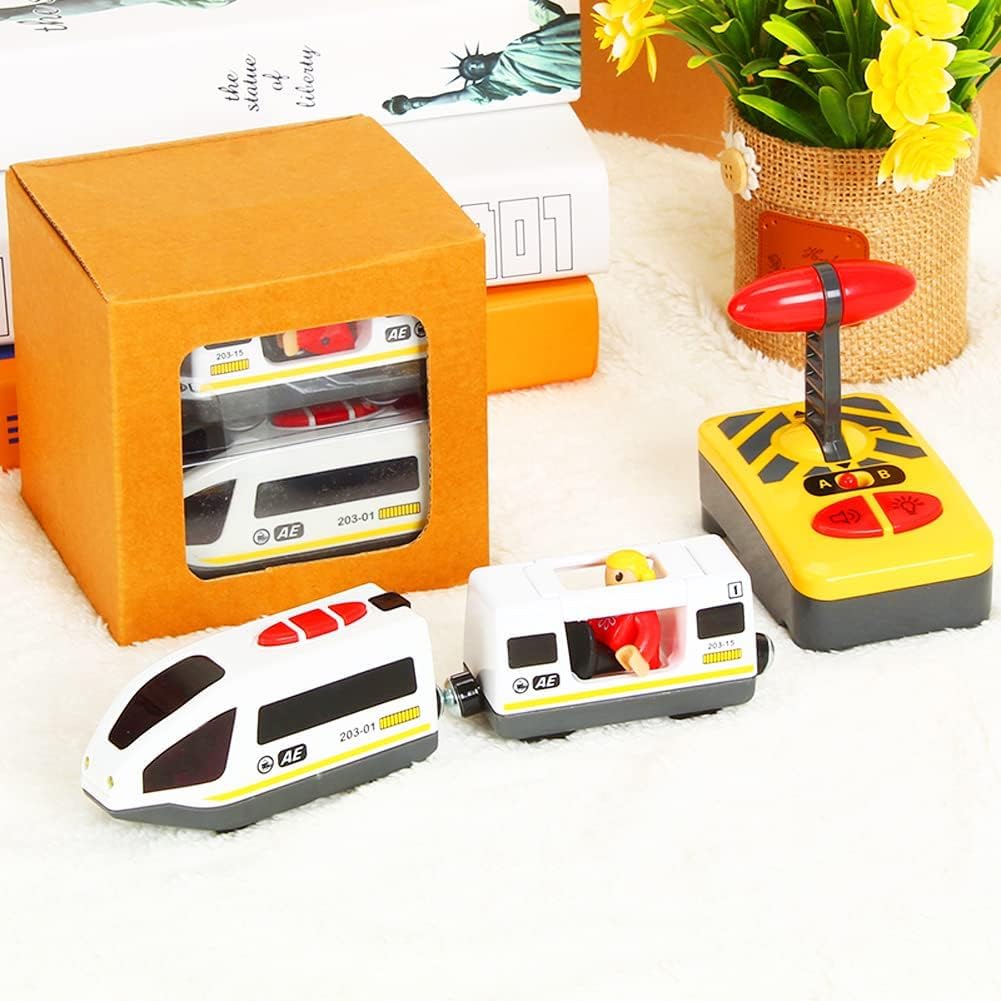 Z MAYABBO Wooden Train Set Accessories Battery Operated Locomotive Trains, Remote Control Train Vehicles for Wood Tracks, Powerful Engine Trains Cars Fits All Major Brands of Railway System