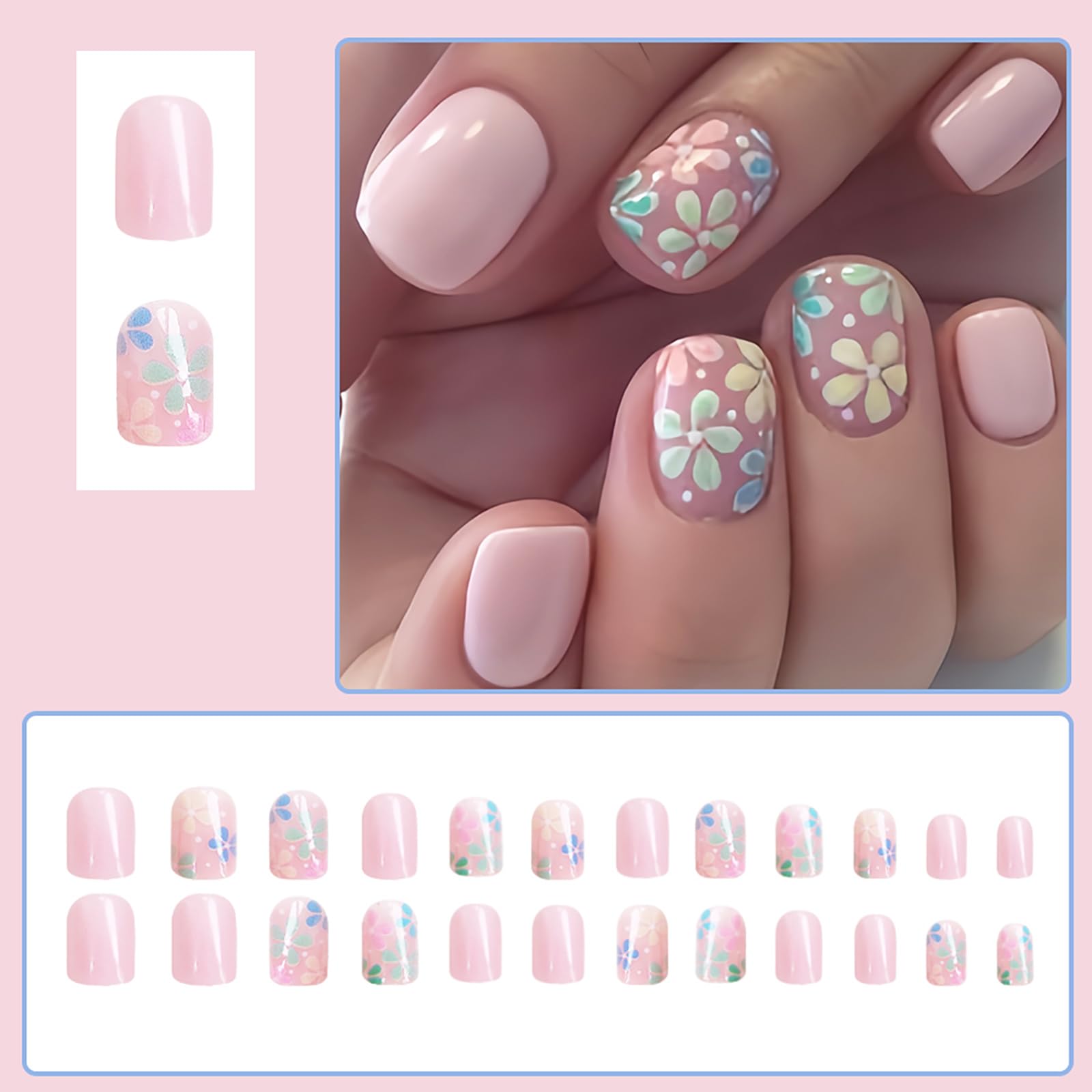 24Pcs Colorful Flower Press-On Nails - Short, Square, Fake, Spring-Summer Nail Art Set, Light Pink Acrylic, Full Cover Glossy False Nails for Women & Girls - Image 5