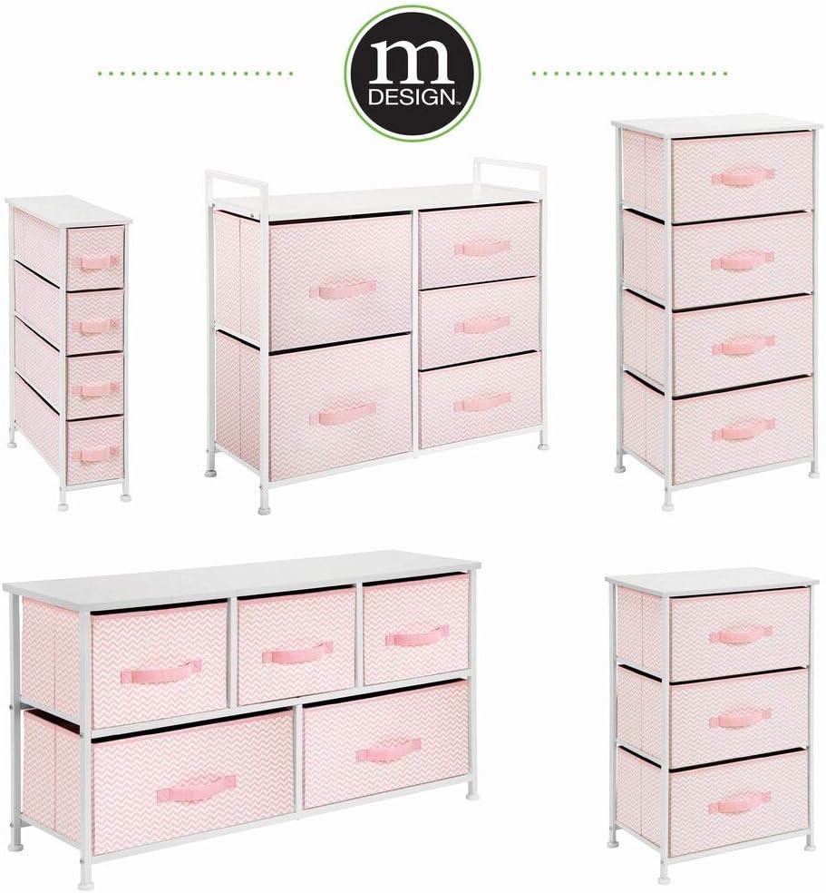 mDesign Wide Dresser Storage Tower Furniture - Metal Frame, Wood Top, Easy Pull Fabric Bins - Organizer for Kid's Bedroom, Hallway, Entryway, Closets, Dorm - Chevron Print, 5 Drawers - Pink/White: Home & Kitchen
