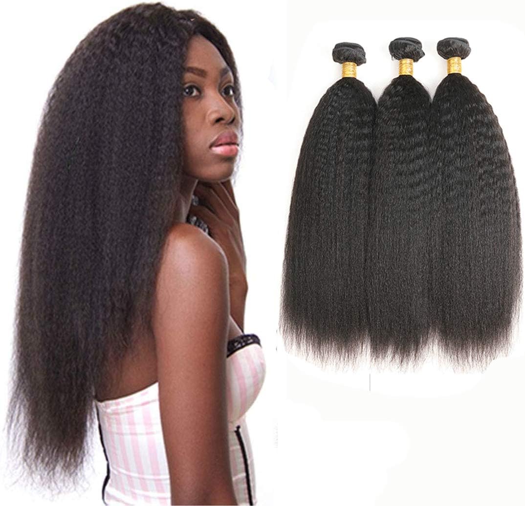 Ladiaryf Yaki Straight Bundles Human Hair Bundles 16 18 20 inch Kinky Straight Hair 3 Bundle 10A Brazilian Kinky Straight Human Hair Weave For Black Women Natural Color