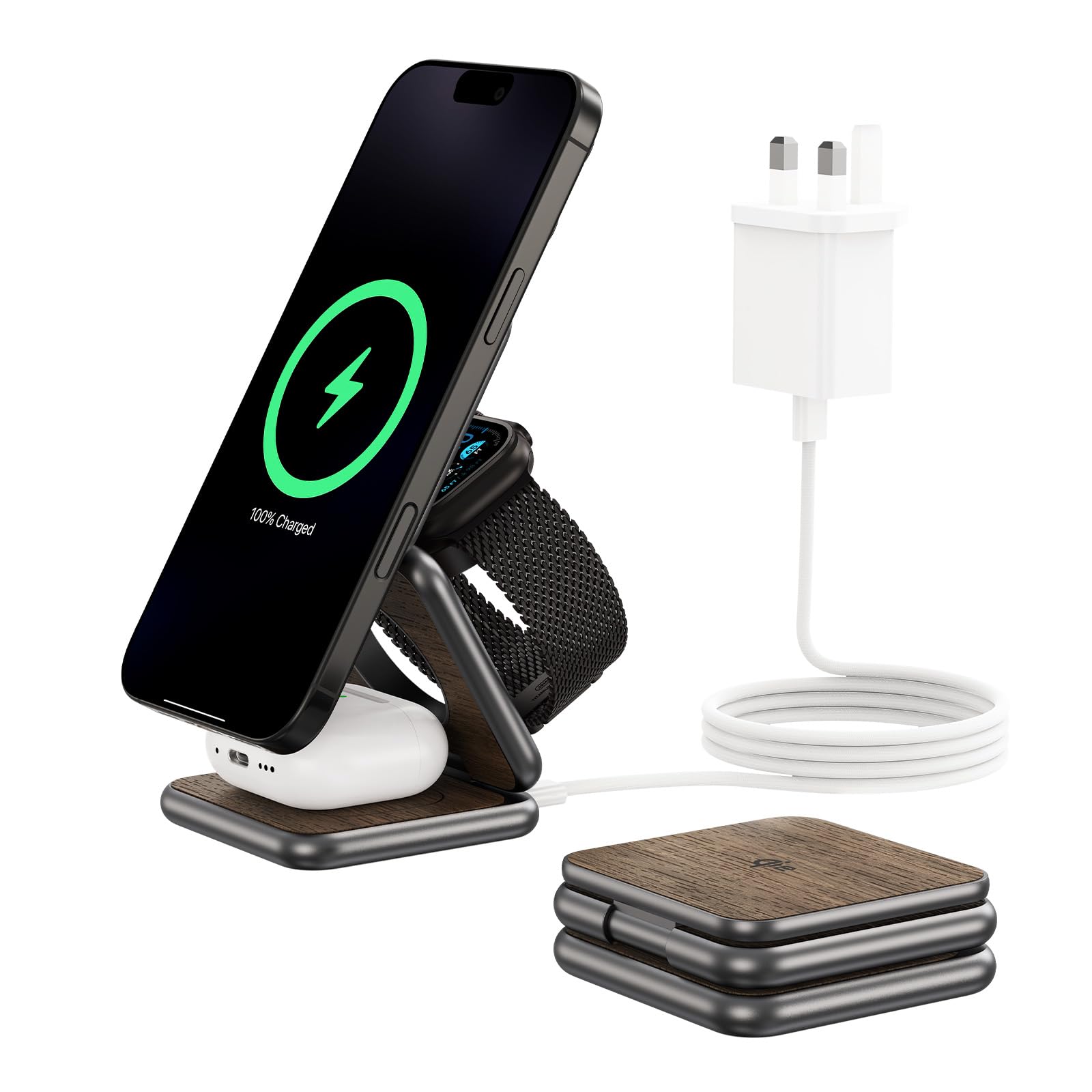 KU XIU X40Q 3-in-1 Wireless Charger Station, Foldable Magnetic Qi2 Wireless Charger Stand, 15W Fast Charging for iPhone Series 12–17, 5W for iWatch & Wireless Earbuds, Aluminum Portable – Wood Grain