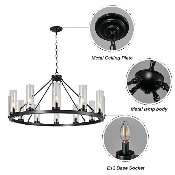 ZHLLMQ 12 LIGHT BLACK CHANDELIER WAGON WHEEL CHANDELIER WITH CLEAR GLASS SHADE ROUND INDUSTRIAL PENDANT LIGHTING FIXTURE FOR STAIR LIVING ROOM FOYER KITCHEN