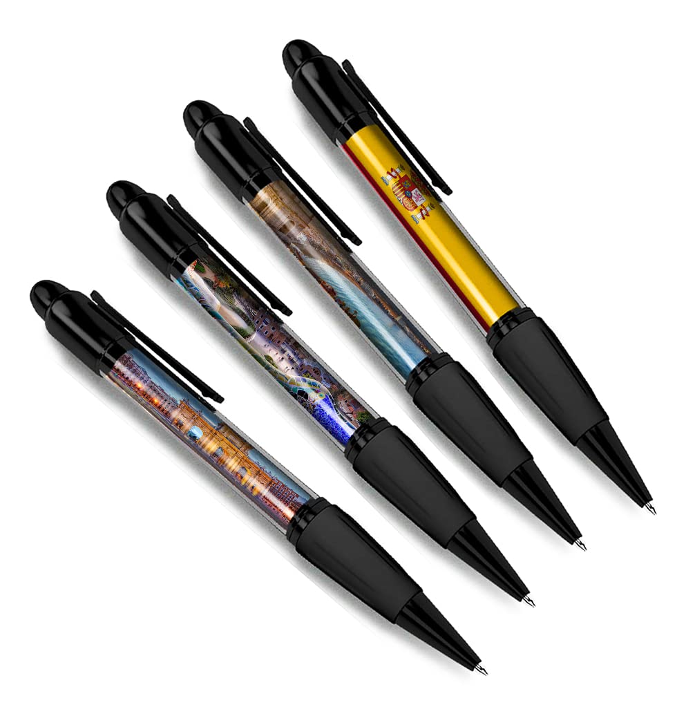 DV DESIGN Set of 4 Spain Black Ballpoint Pens - Barcelona Madrid Sevilla Flag Beach Spanish Europe Friends Boys Girls Men Women Theme Pen #79353