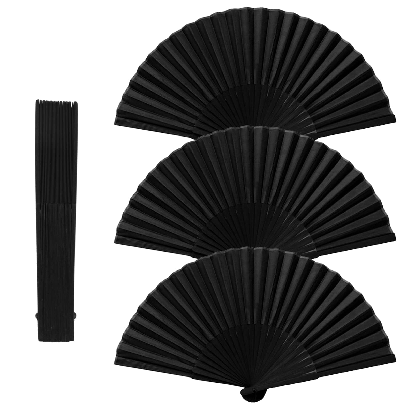 Karjiaja 3 Pcs Folding Handheld Fan - Black Chinese Bamboo Fan with Silk Fabric - Hand Held Fans for Women