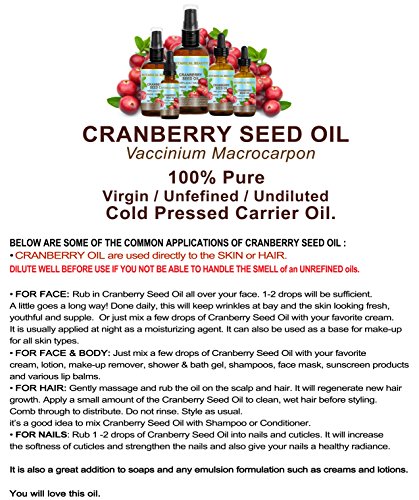 CRANBERRY SEED OIL 100% Pure / Natural. Cold Pressed / Undiluted. For Face, Hair and Body. 1 Fl.oz.- 30 ml. by Botanical Beauty