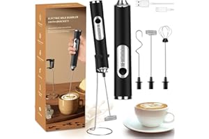 MXCOCO Agitador de Leche 6 en 1 con Base de Soporte, Espumador Eléctrico Recargable con 3 Cabezales de Acero Inoxidable y 3 Velocidades, Batidora de Mano para Espuma de Leche,Capuchino,Huevos,Harina