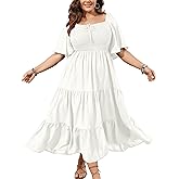 SCOMCHIC Women's Plus Size Flowy Maxi Dress Flutter Short Sleeve Boho Dress Square Neck Smocked Formal Dresses for Women