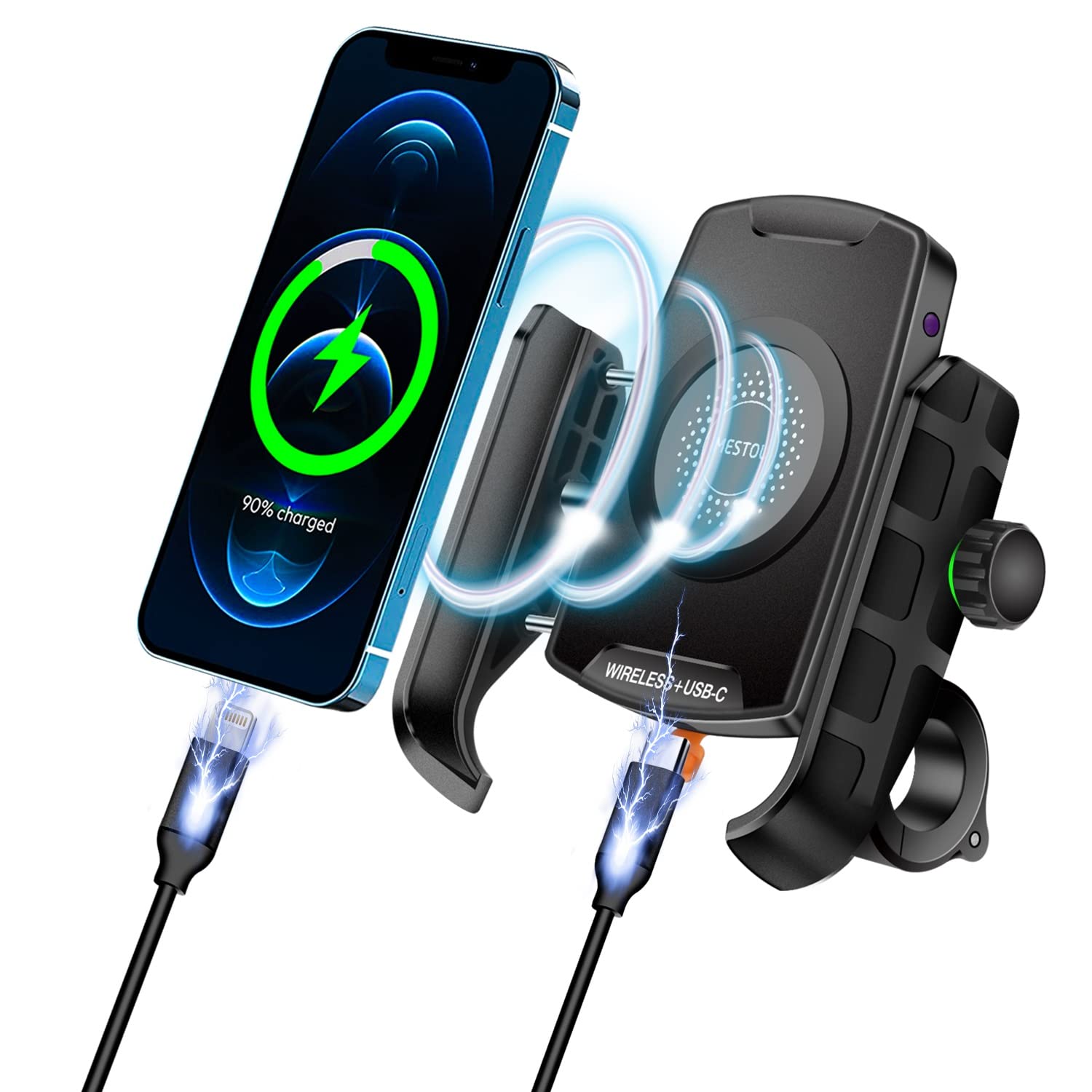 iMESTOU Motorcycle Wireless Phone Mount Charger QC3.0 USB C Handlebar/Rear-View Mirror Phone Holder Works with 12V/24V Motorcycles or by Plugging to USB A Socket Universal for 4.0-7.0" Cellphones
