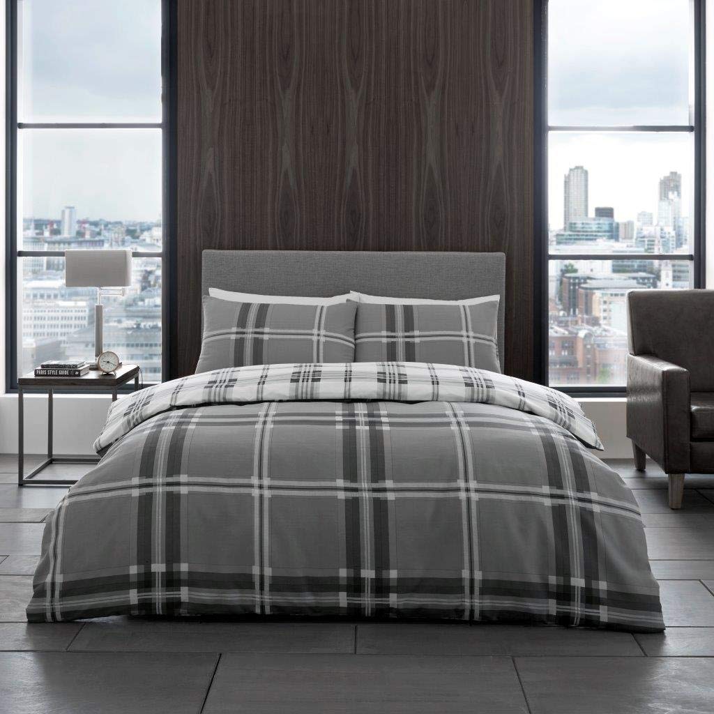 Gaveno Cavailia Bardsley Check Luxurious Bed Set with Duvet Cover and Pillow Cases, Polyester-Cotton, King-Grey