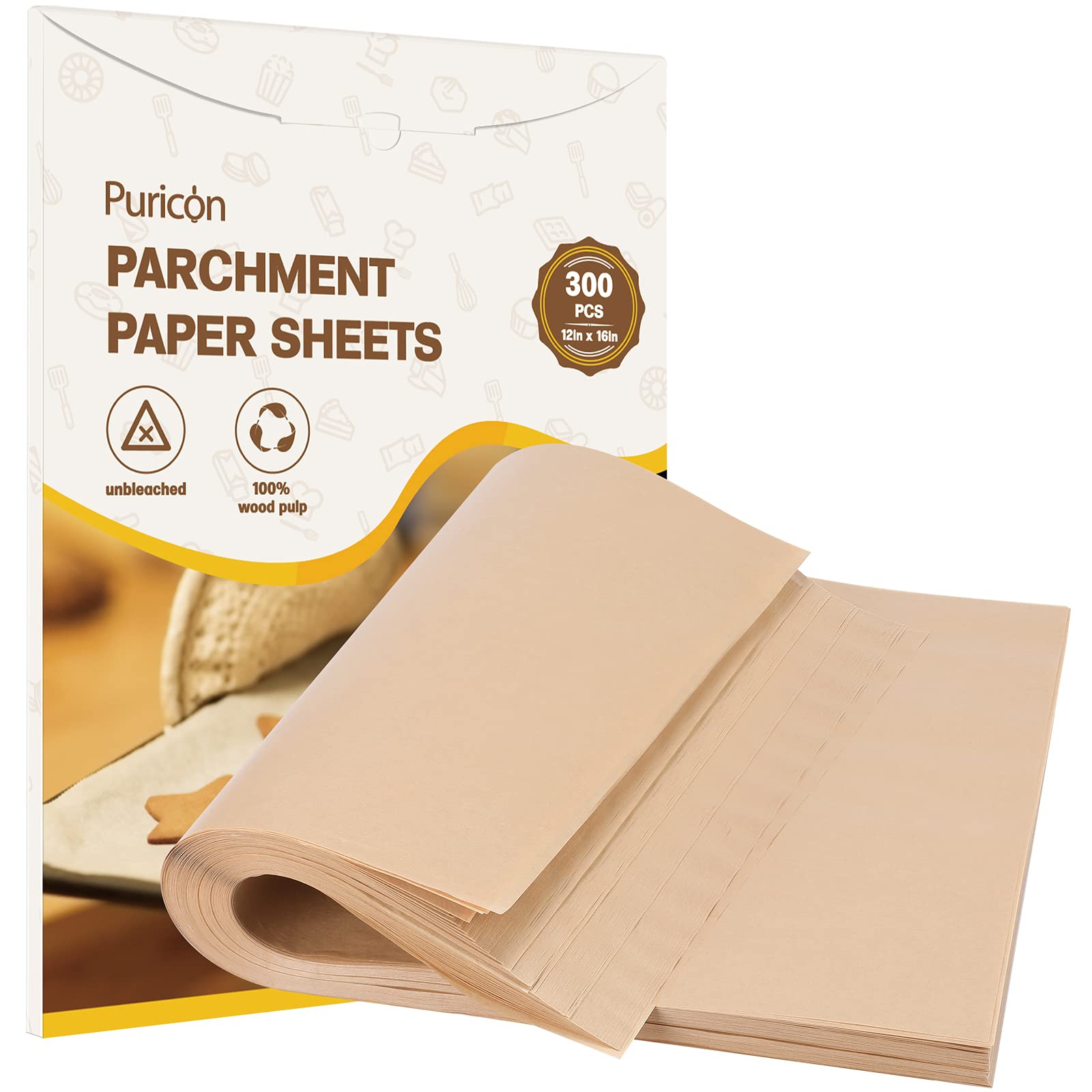 Puricon Pre-Cut Baking Parchment Paper 300 Sheets for Kitchen Cooking Pastries Catering Use 30.5 x 40.6 cm(12” x 16”), Non-Stick Unbleached Dual-Sided Siliconized Recyclable Oven Safe Baking Paper