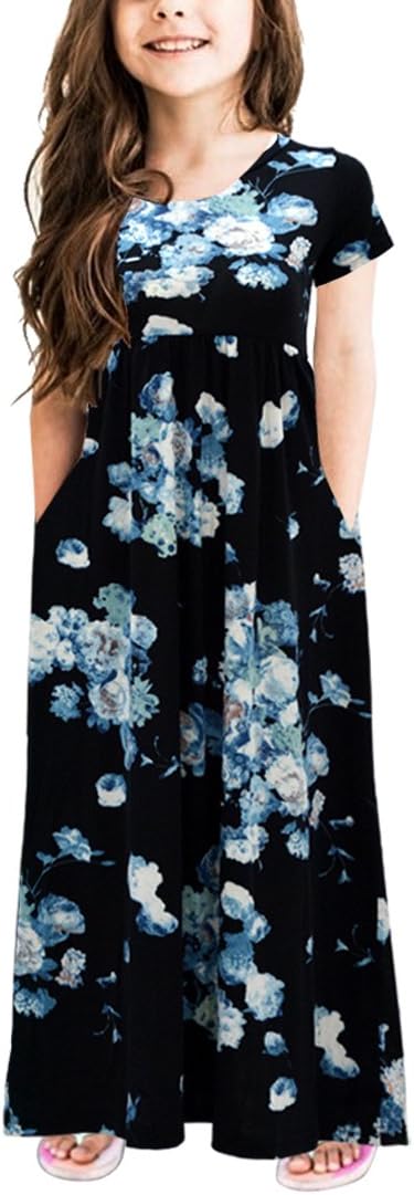 GORLYA Girl's Short Sleeve Floral Print Loose Casual Holiday Long Maxi Dress with Pockets 4-12 Years