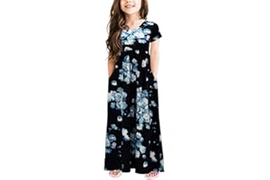 GORLYA Girl's Short Sleeve Floral Print Loose Casual Long Maxi Dress with Pockets 4-12 Years