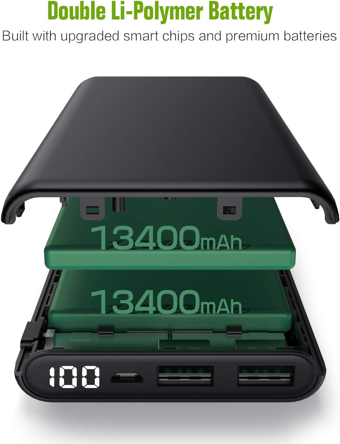 Portable Charger 26800mAh LCD Digital Display Power Bank Huge Capacity External Battery Pack 2 Output Port Cell Phone Charger for iPhone, Samsung Galaxy, Android Phone,Tablet & etc