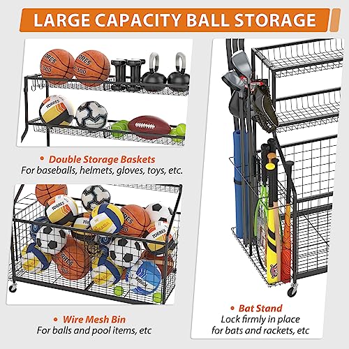 Gadroad Garage Sports Equipment Organizer, Ball Storage Rack, Sports Gear Storage, Garage Ball Storage, Garage Organizer with Baskets and Hooks, Rolling Sports Ball Storage Cart, Black
