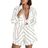 Bufushaoh Women's Striped 2 Piece Outfits Casual Oversized Button Down Shirts and Short Lounge Pajamas Set