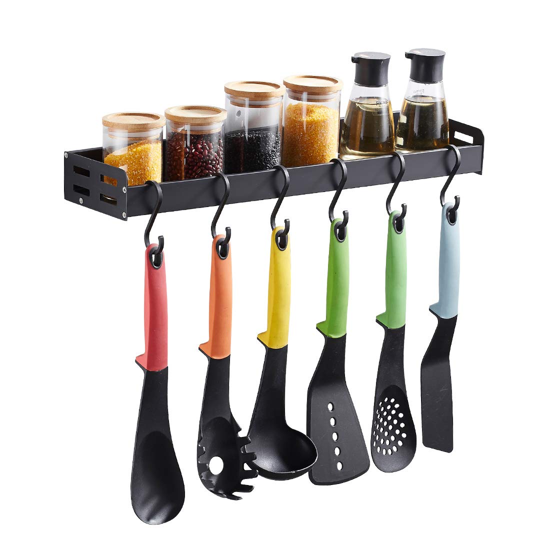 LIKAMU Kitchen Black Floating Shelf with Hooks, Large Size Wall Mounted Bathroom Shelf Wall Shelf Organizer Rack