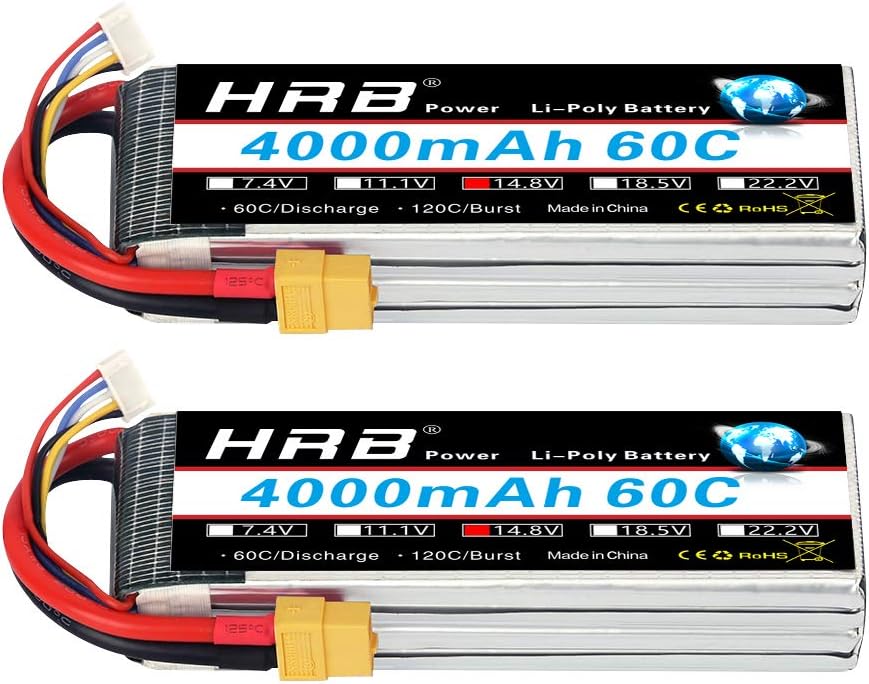 HRB 2PCS 4S Lipo Battery 14.8V 4000mAh 60C XT60 Connector A+ Grade Lipo Battery for RC Truggy Drone Boat Truck Multirotors Hexacopter Octocopters Airplane