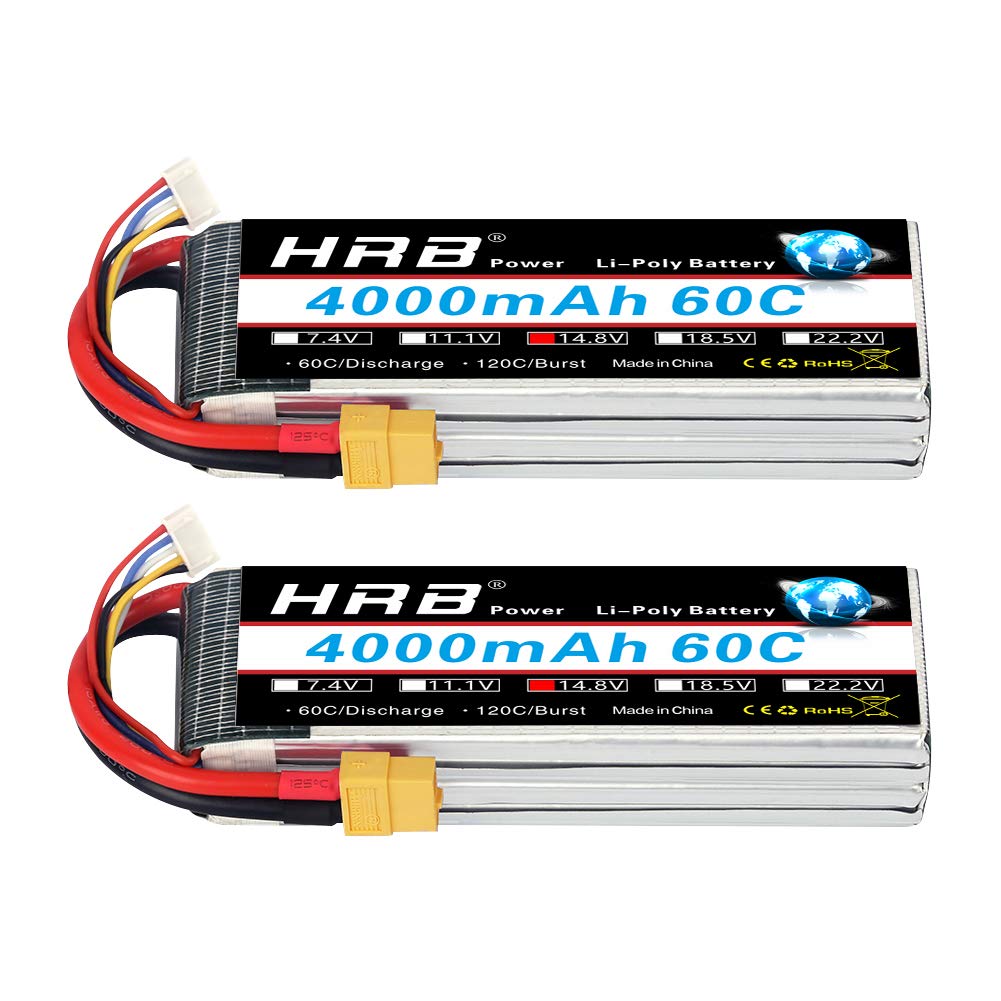 HRB 2PCS 4S Lipo Battery 14.8V 4000mAh 60C XT60 Connector A+ Grade Lipo Battery for RC Truggy Drone Boat Truck Multirotors Hexacopter Octocopters Airplane