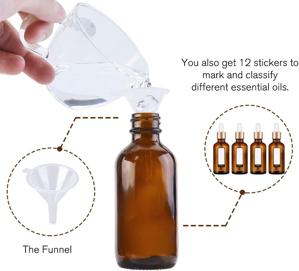 PrettyCare Eye Dropper Bottle 1 oz ( 4 Pack Amber Glass Bottles 30ml with Golden Caps, 1 Extra Plastic Measured Pipettes, 12 Labels, Funnel ) Empty Tincture Bottles for Essential Oils, Perfume: Home & Kitchen