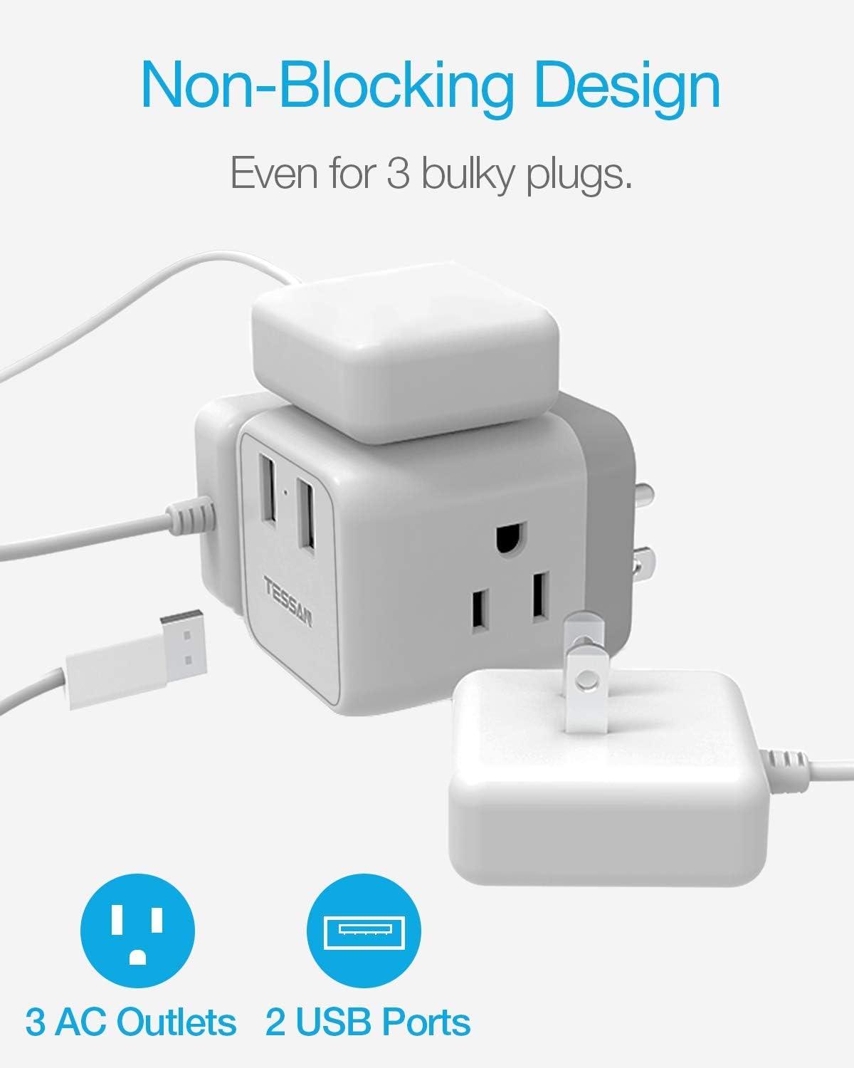 Multi Plug Outlet Extender with USB Charger, Travel Charging Cube Power Wall Outlet Expander for Cruise Essentials, Multiple Outlet Plug Splitter with ETL Listed for Home, Dorm, Office: Electronics