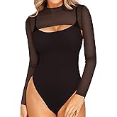 Popilush Long Sleeve Body Suits Womens Mesh Shapewear Bodysuit Tummy Control Two Piece Mock Neck Trendy Going Out Tops