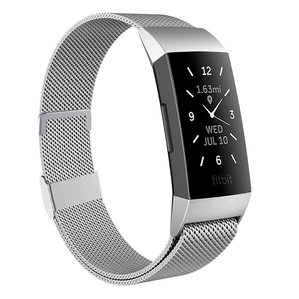 Moydolo Compatible with Fitbit Charge 3 Strap/Fitbit Charge 4 Strap, Men Women Stainless Steel Metal Adjustable Magnetic Lock Loop Mesh Replacement Band for Charge3/Charge 4/Charge 3 SE, Large Silver