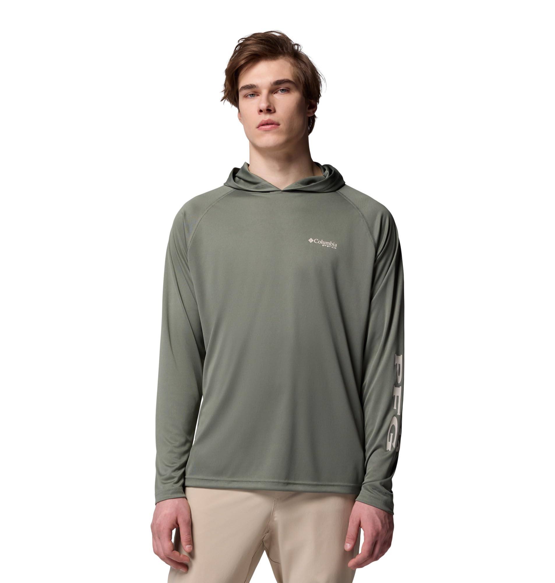 Columbia Mens PFG Terminal Tackle Long Sleeve Fishing Hoodie, Cypress/Dark Stone Logo, X-Large Tall Image