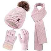 Winter Hat Scarf Gloves Set for Women, Classic Cable Beanie with Removable Pom Pom Long Scarf Touchscreen Gloves 3 in 1 Set