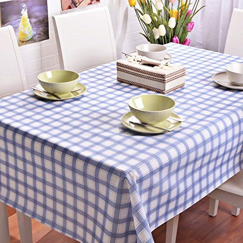 Taboeoe Odorless Waterproof Plastic, Transparent Waterproof Table, Table Cloth, Soft Glass Table Mat, Tea Table Pad Printing,Blue Plaid,137*210Cm