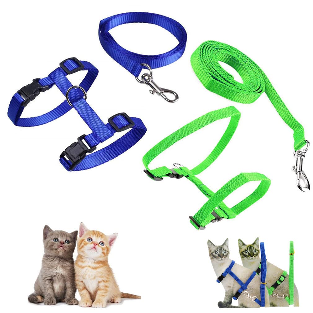 Morices 2 Pack Cat Harness and Leash, Adjustable Comfortable Nylon Pet Strap Collar with Leash, Escape Proof Safety Rope Leads Chest Strap for Kitten Puppy Rabbits Walking Training (Blue & Green)