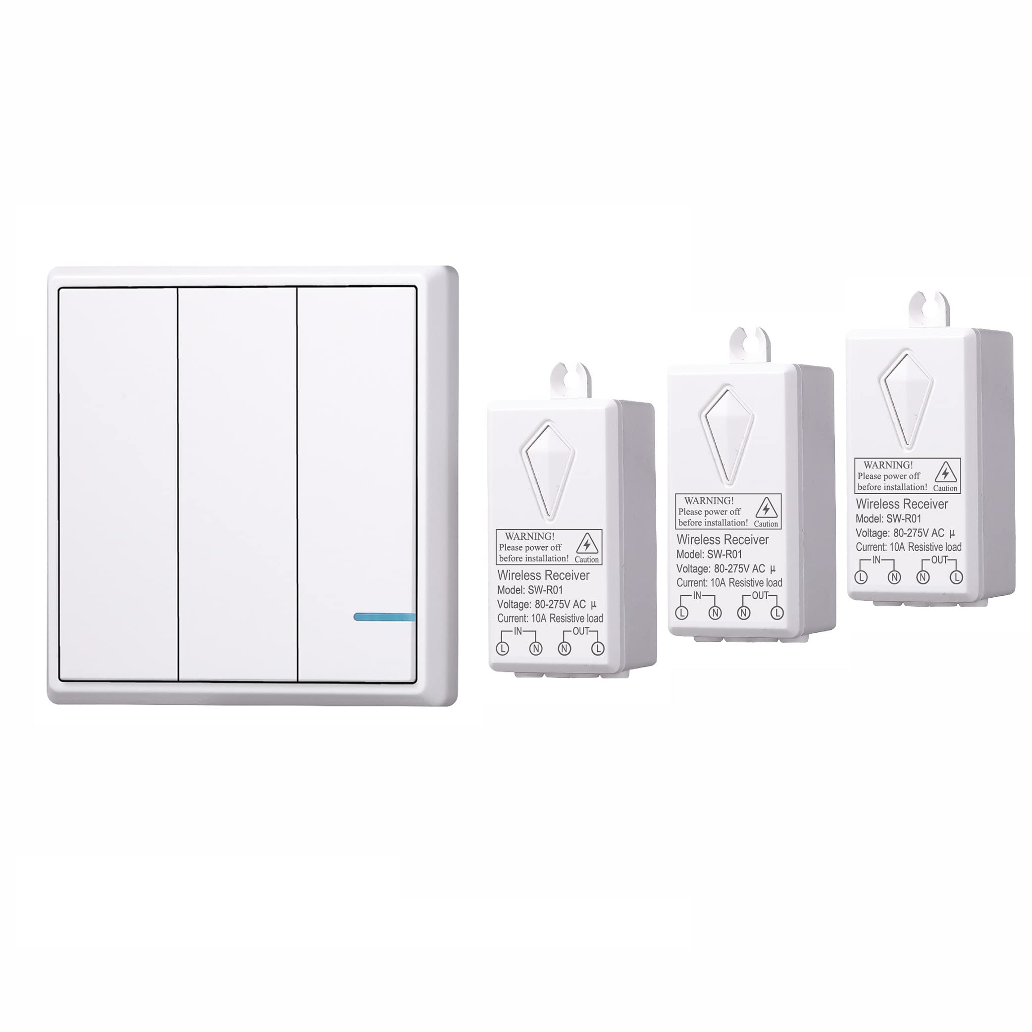 Mengshen Wireless Lights Switch Kit, 1 Three-Gang Switch + 3 Receiver, No Wiring Required, Easy to Install
