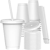 OZMOJOO 16 oz Plastic Cups With Lids and Straws, Sturdy & Food-Safe Iced Coffee Cups With Lid, Plastic Tumbler Reusable, Drinking Cups for Cold Drinks, Milkshakes, Smoothies - White(15 Sets)