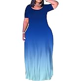 PinkPatty Women's Plus Size Gradient Color Maxi Dresses Short Sleeve Sundress Summer T-Shirt Beach Long Dress with Pockets（Gradient Color17 3XL）