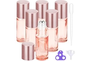 PrettyCare 6 pcs, 5 ml Pink Roller Bottles For Essential Oils, Refillable Leakproof Thick Glass Essential Oil Roller Bottles for Travel,Perfume