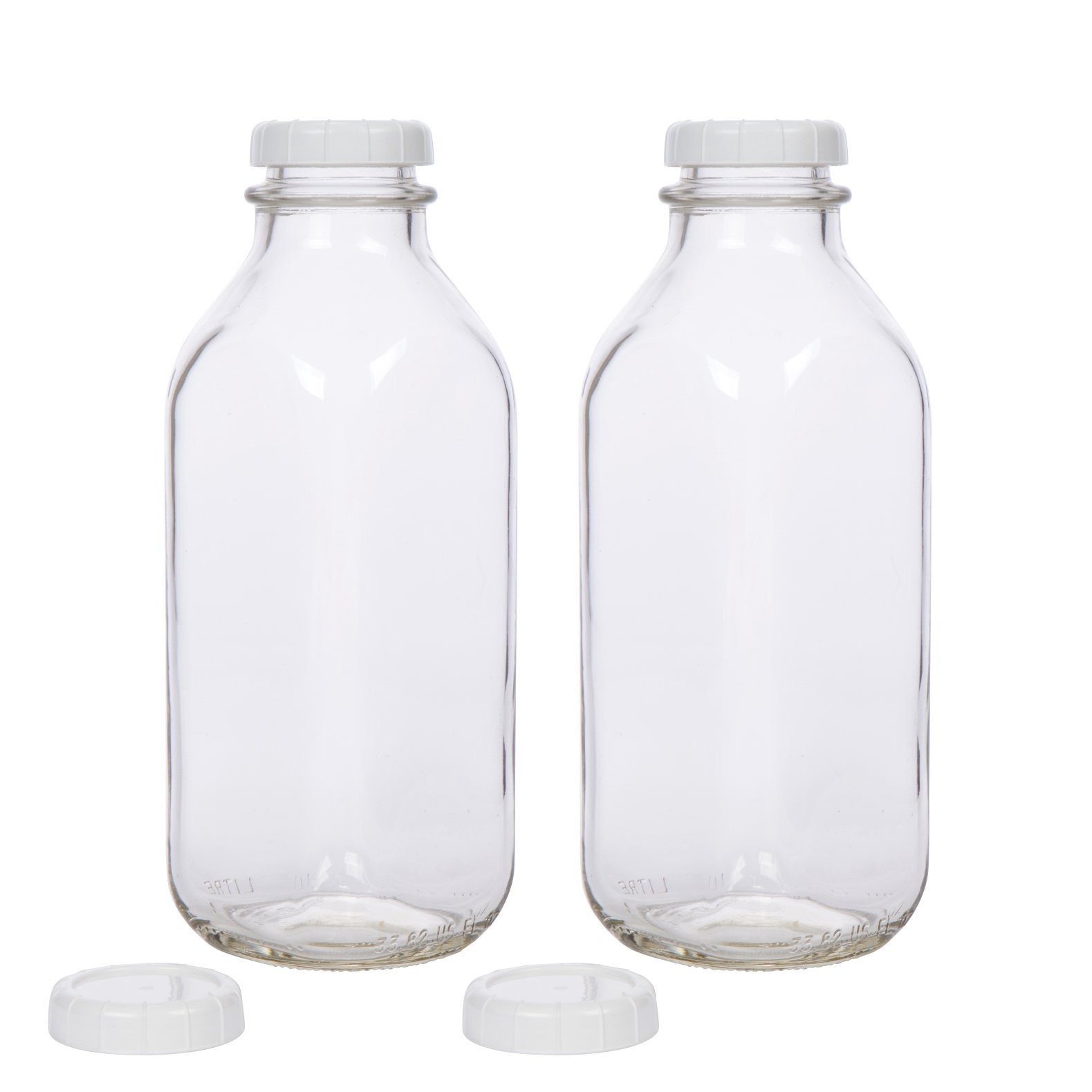 Glass Milk Bottle with Extra Lids Set of 2 USA Made 33.8 Oz Jug