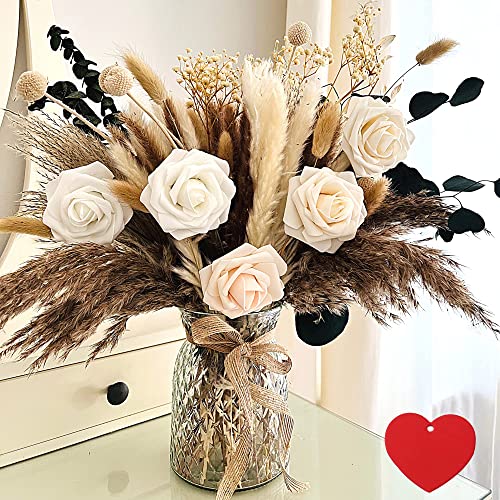 PAMPAS GRASS with Vase Artificial Flower Arrangements 100 Pcs RYDDELIGHOME