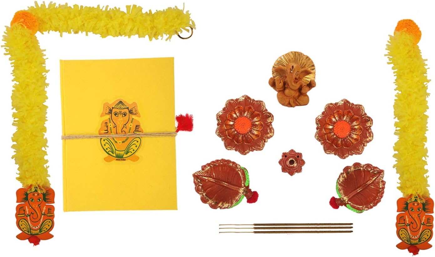 storeindya, Diwali Decoration Gifts Set of 4 Diyas(Flower & Leaf Shaped) Toran Lord Ganesha Idol Incense Stick + Holder Storage Box Organizer Complete Combo Festive Celebration Home Decor