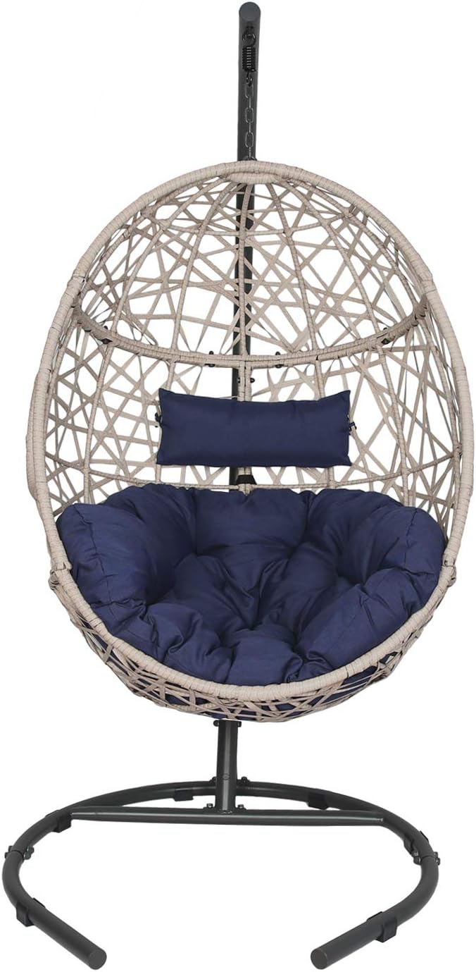 best hanging egg chair on Amazon Com Ulax Furniture Outdoor Patio Wicker Hanging Basket Swing Chair Tear Drop Egg Chair With Cushion And Stand Navy Kitchen Dining